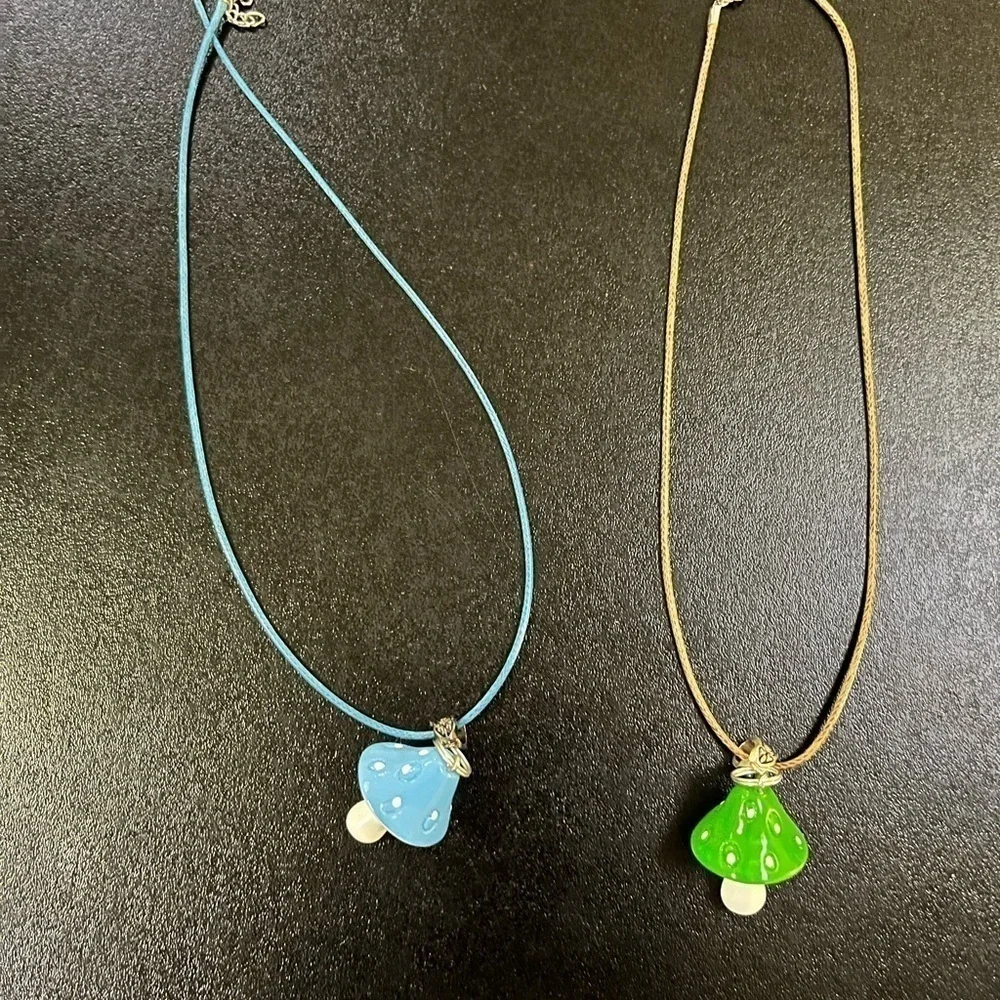 Handmade Mushroom Cottagecore Gardencore Nature two Necklaces Blue Green Trendy